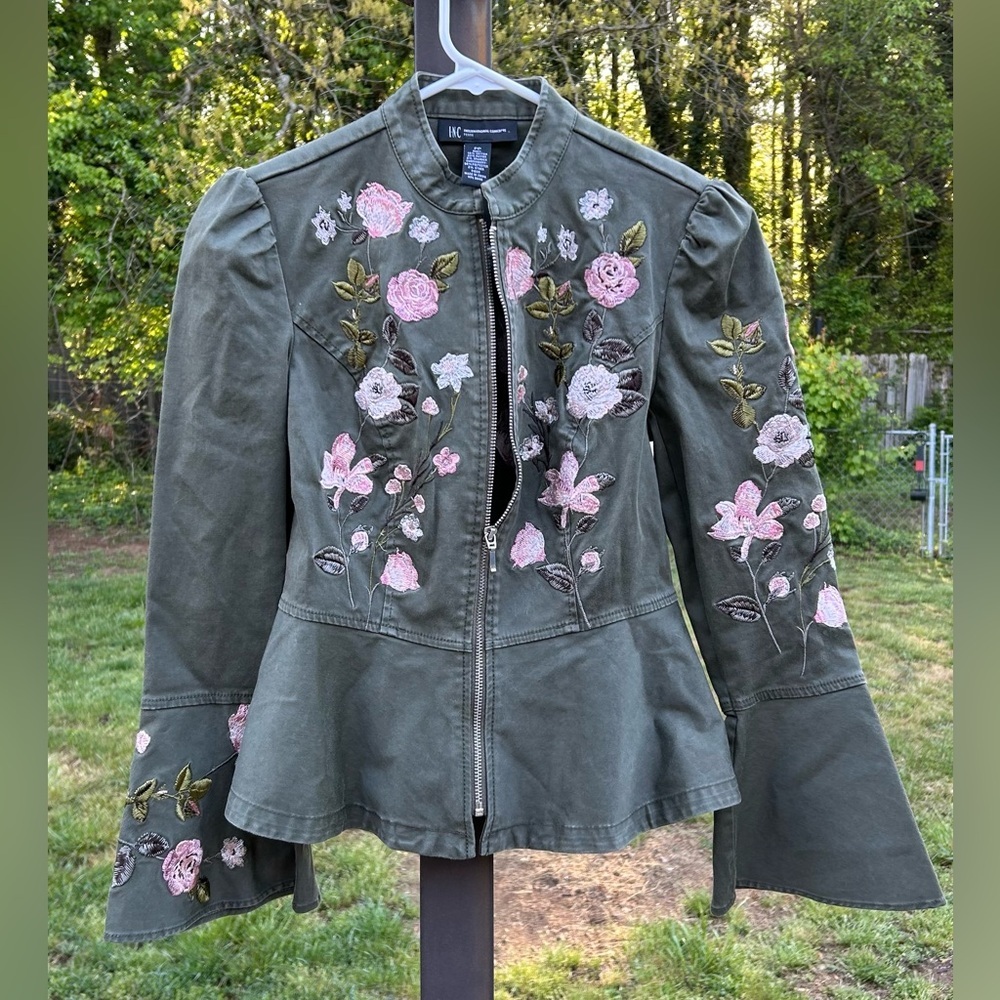 Vintage INC PP petite embroidered ruffle floral military bell sleeve jacket Y2K